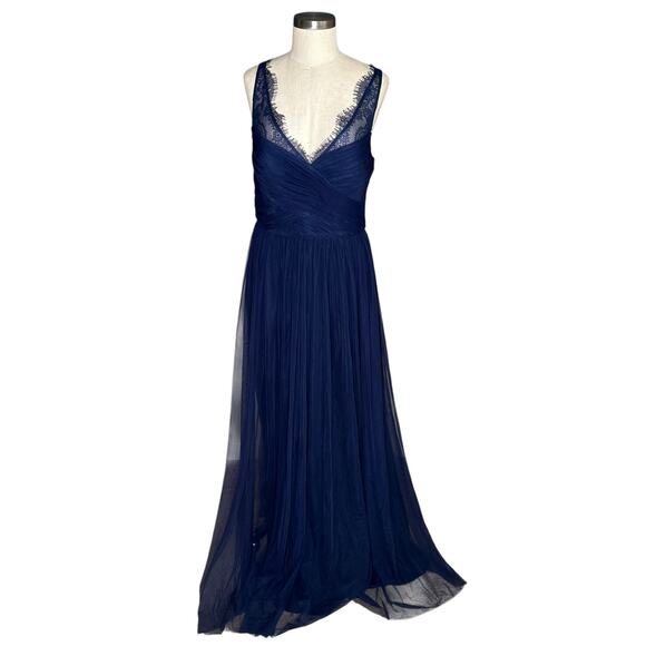 HITHERTO BHLDN Navy Blue Tulle Lace Trim Maxi Dress Women's Size 12 Bridesmaid - Picture 1 of 11